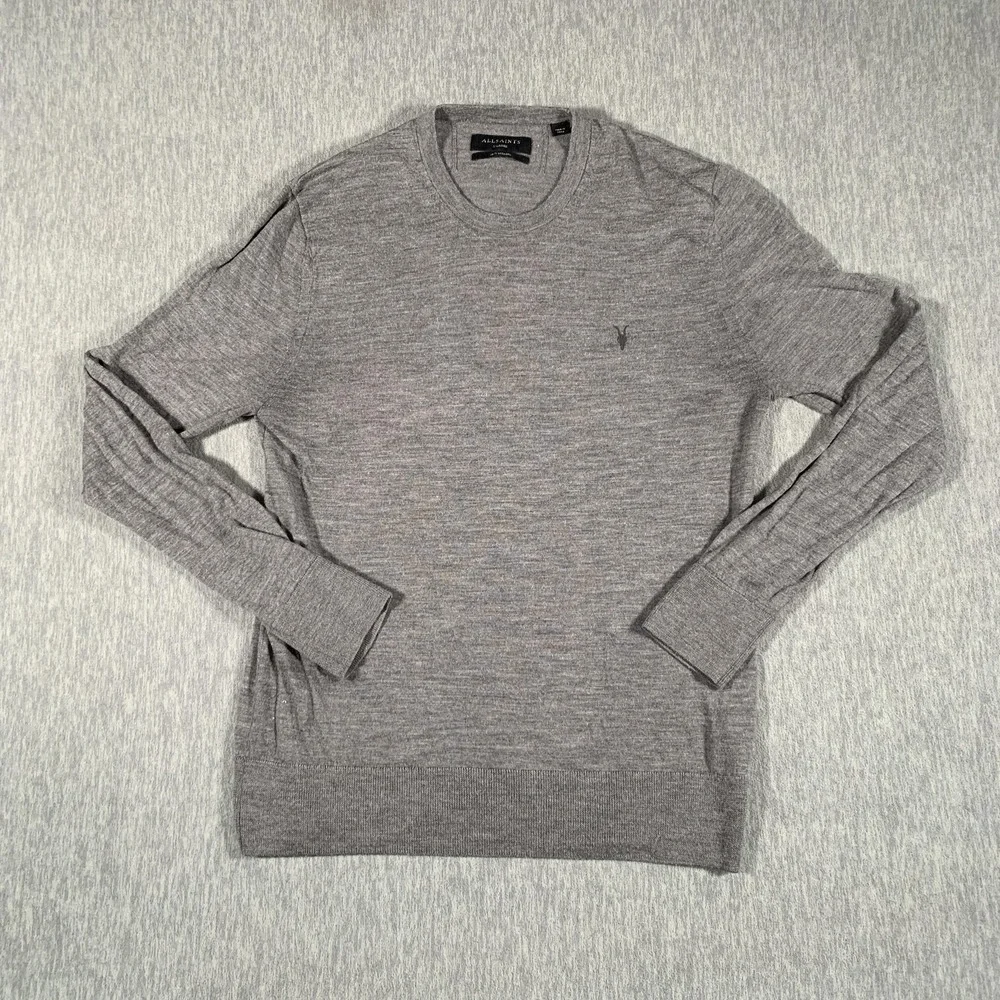 AllSaints Sweater Mens Extra‎ Large Gray 100% Merino Wool Crewneck Logo